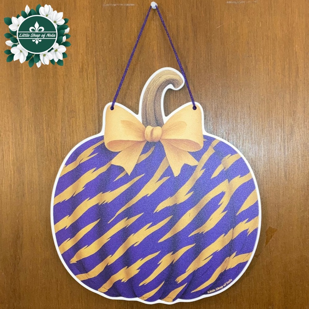 Purple Gold Tiger Stripes Pumpkin Louisiana Wall Art Decor Fall Door Hanger Sign - Picture 17 of 17